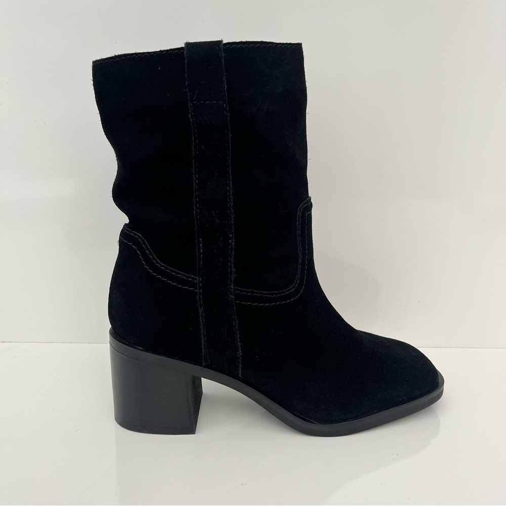 Steve Madden Romney Mid-Calf Boots Black Leather Block Heel Almond Toe Size 6
